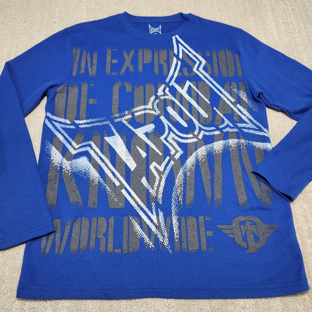 Y2K Tapout Shirt Men XL‎ Waffle Knit Thermal AOP MMA Blue Fighting Rockabilly